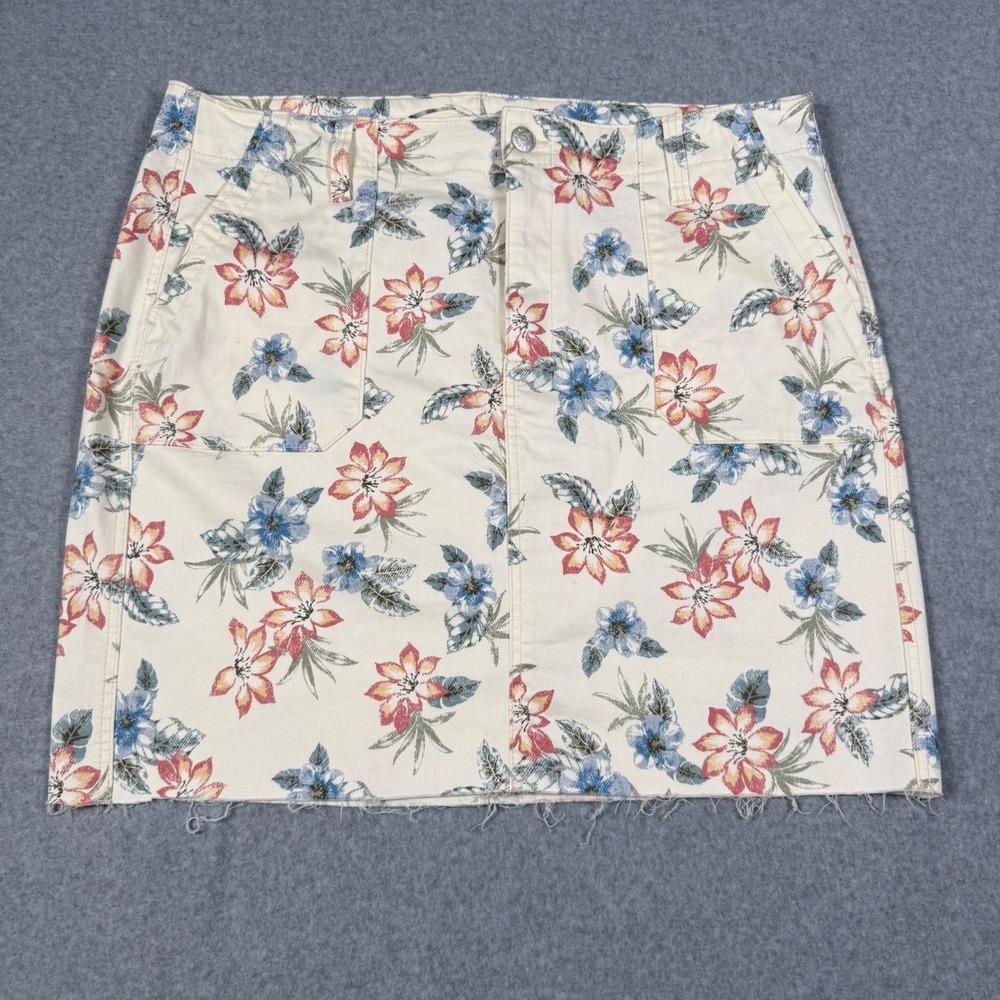 Seven7 Floral Utility Mini Skirt Cream Cottagecore Tropical Frayed Hem Size 16